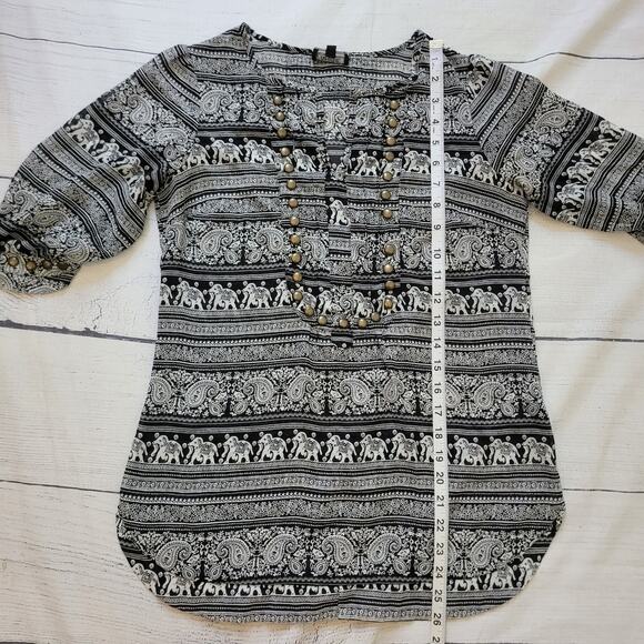 Angie Size L Black White Elephant Print Sheer Blouse with Brass Detail - Picture 5 of 10